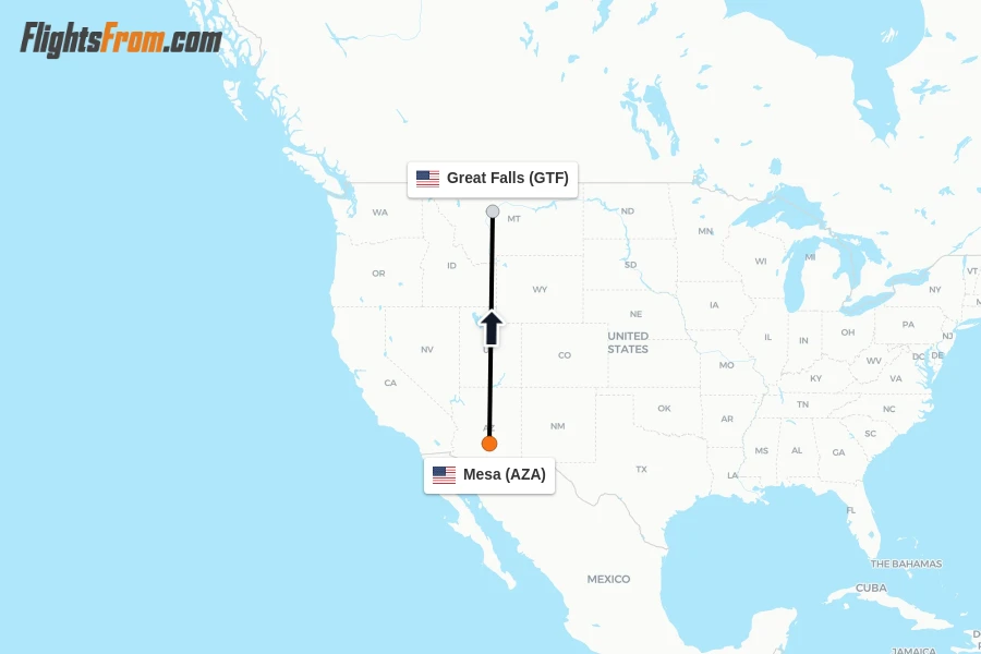 Flights from Mesa to Great Falls route map