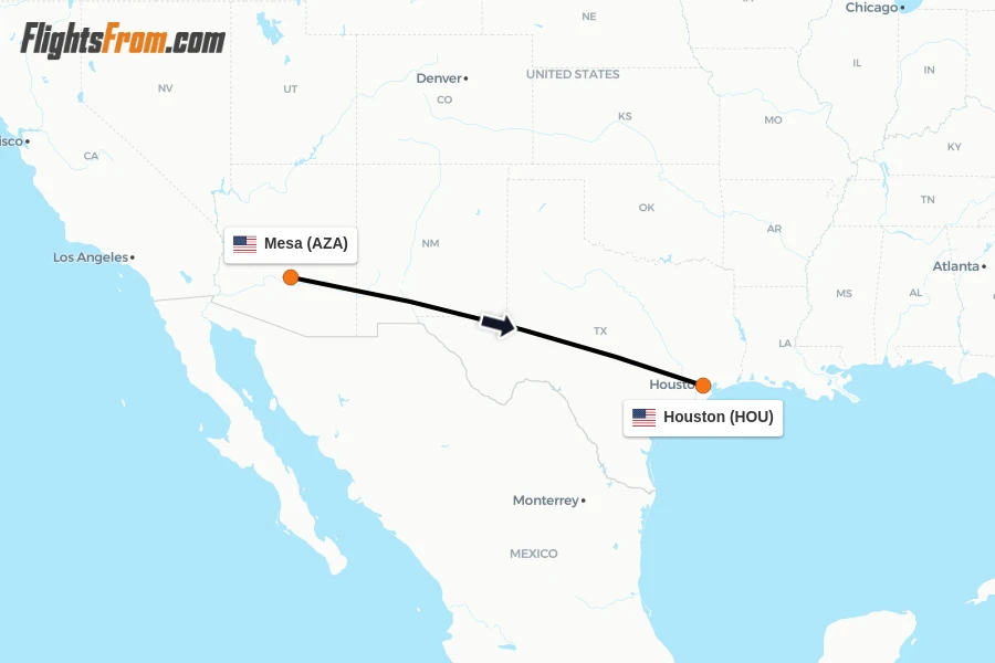 Flights from Mesa to Houston route map