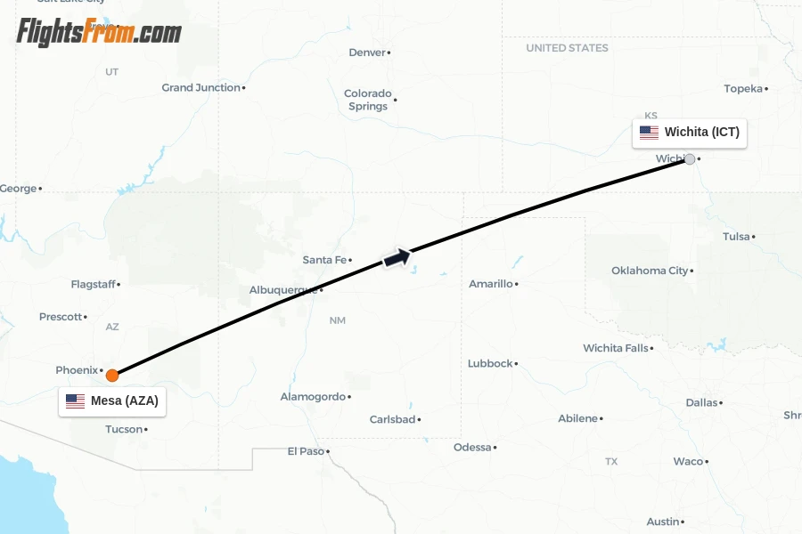 Flights from Mesa to Wichita route map