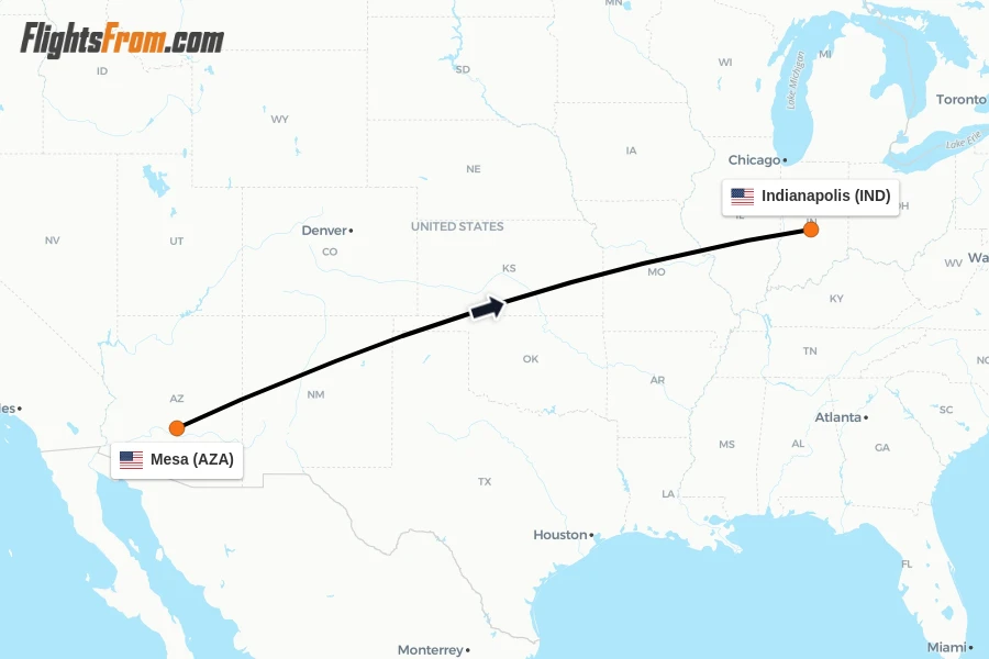 Flights from Mesa to Indianapolis route map