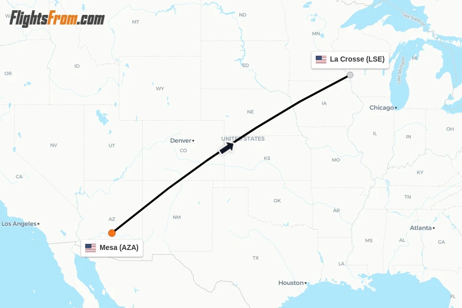 Flights from Mesa to La Crosse route map