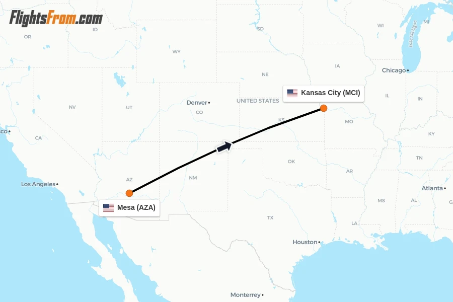 Flights from Mesa to Kansas City route map