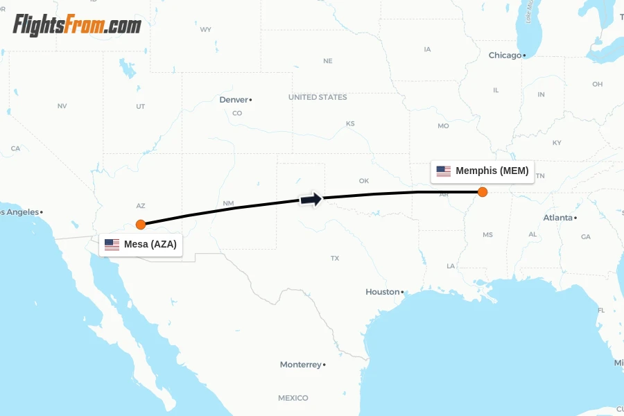 Flights from Mesa to Memphis route map