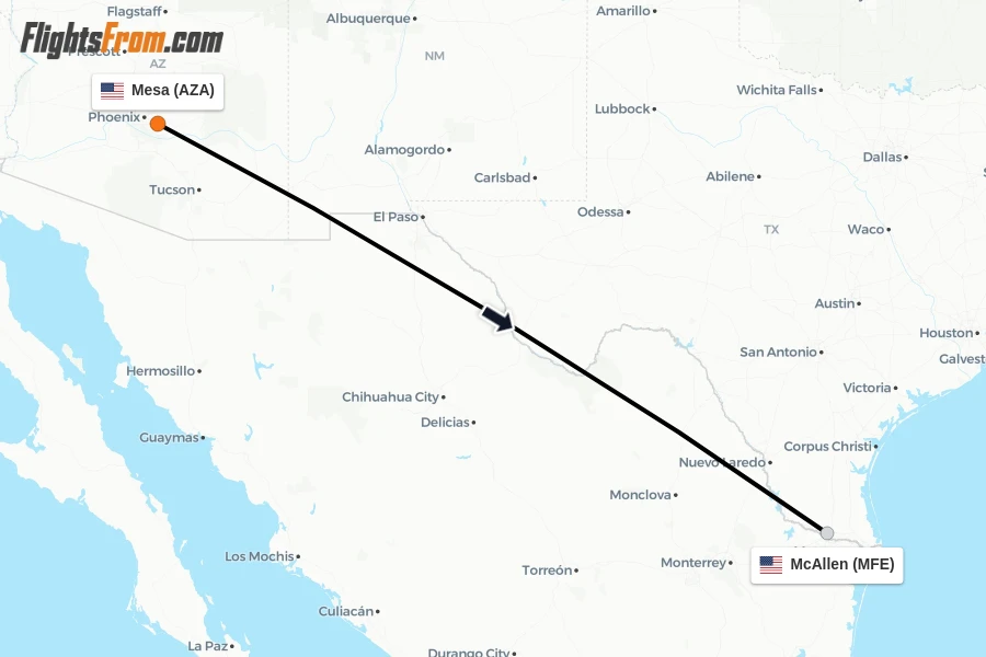 Flights from Mesa to McAllen route map