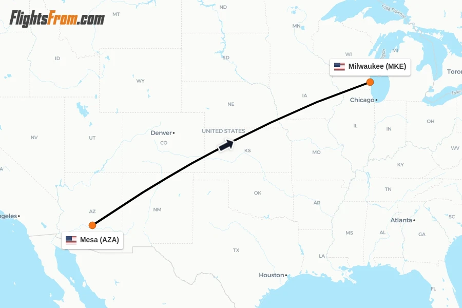 Flights from Mesa to Milwaukee route map