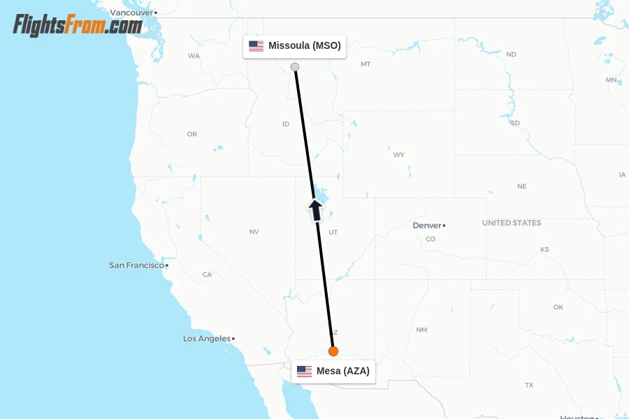 Flights from Mesa to Missoula route map