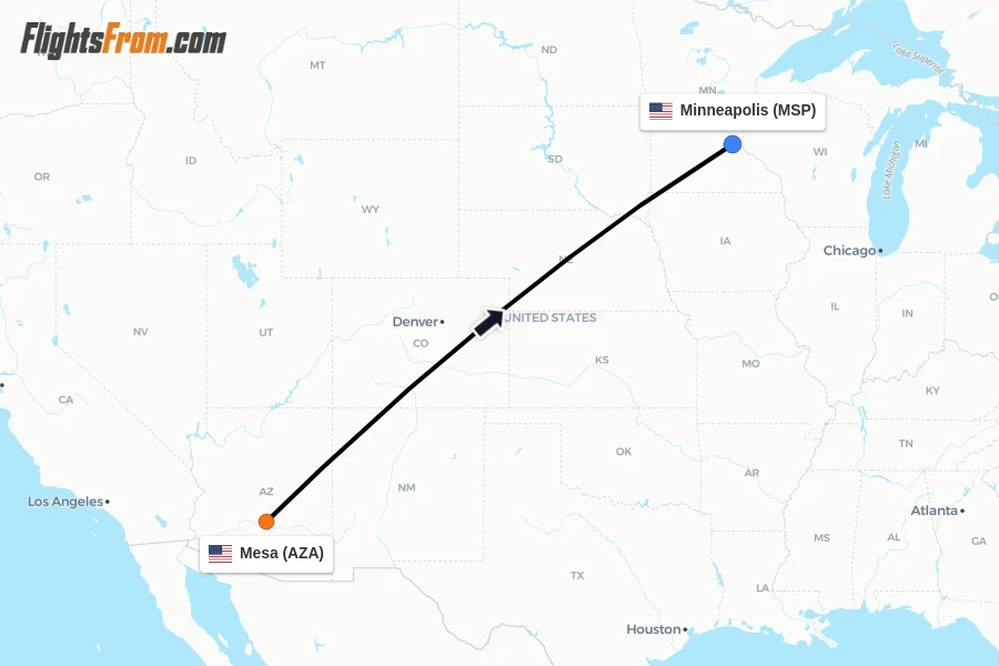 Flights from Mesa to Minneapolis route map