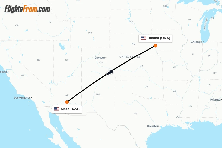 Flights from Mesa to Omaha route map
