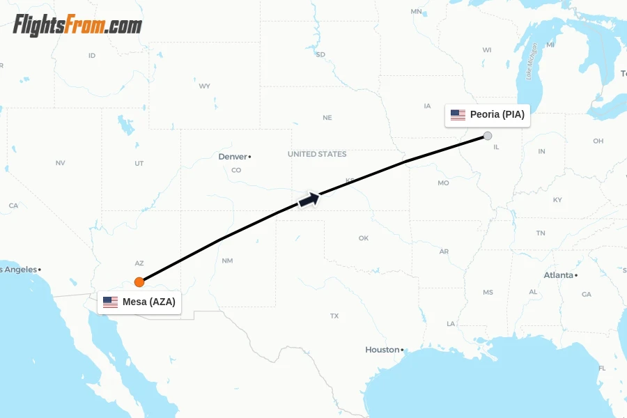 Flights from Mesa to Peoria route map