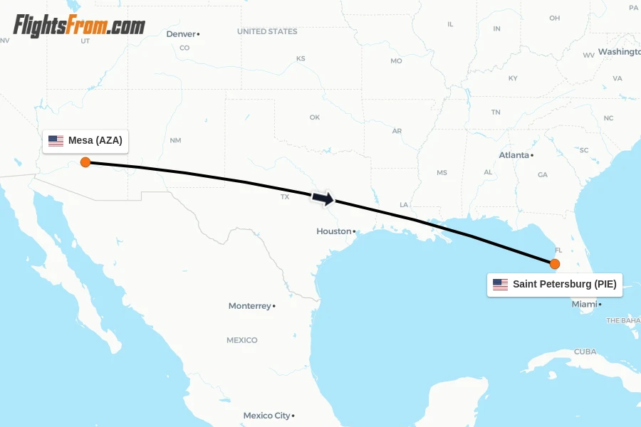 Flights from Mesa to Saint Petersburg route map