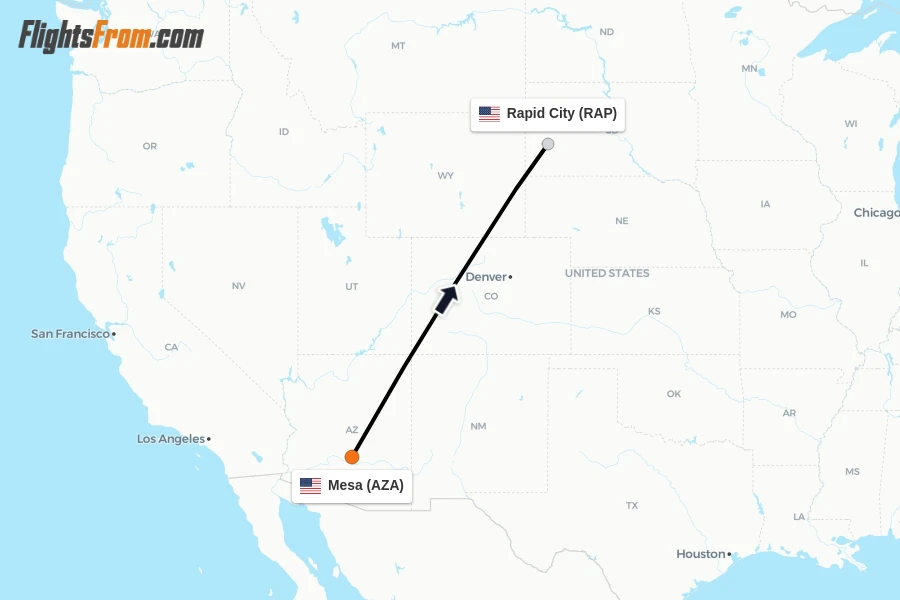 Flights from Mesa to Rapid City route map