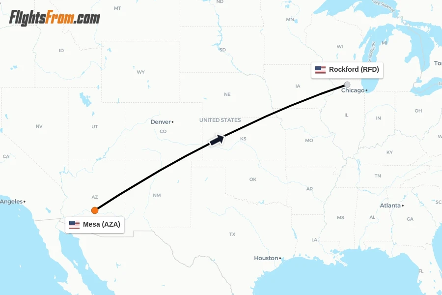 Flights from Mesa to Rockford route map