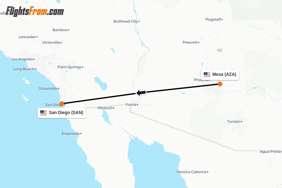 Flights from Mesa to San Diego route map