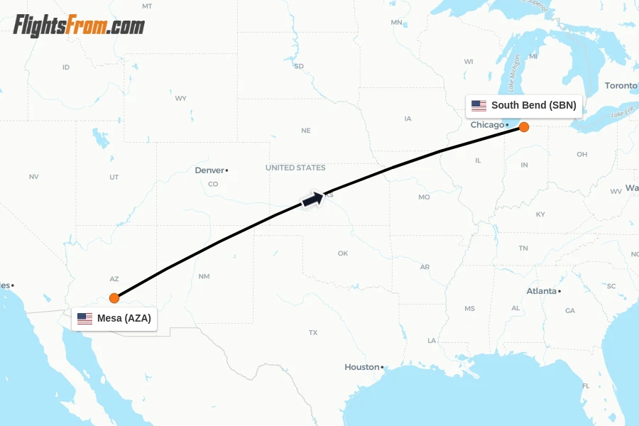 Flights from Mesa to South Bend route map