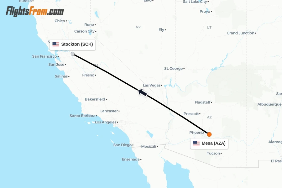 Flights from Mesa to Stockton route map