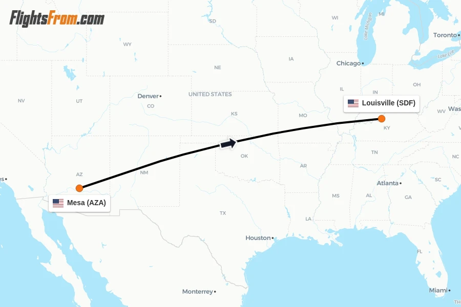 Flights from Mesa to Louisville route map
