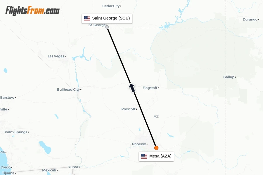 Flights from Mesa to Saint George route map