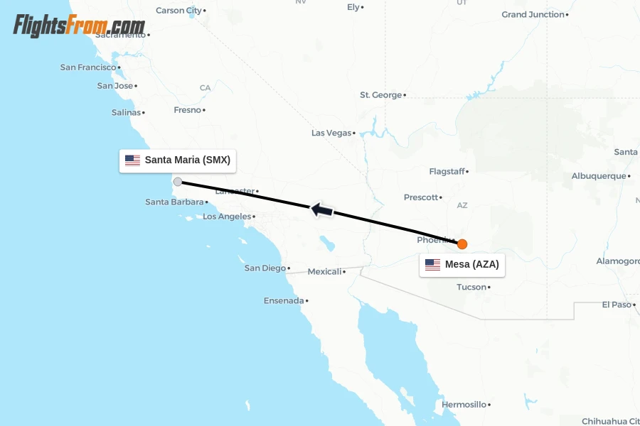 Flights from Mesa to Santa Maria route map