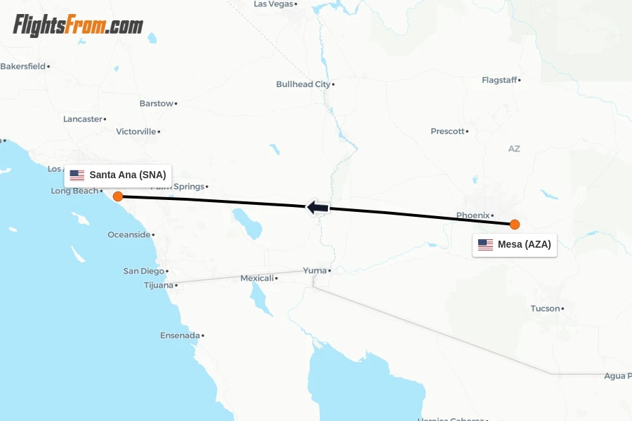 Flights from Mesa to Santa Ana route map