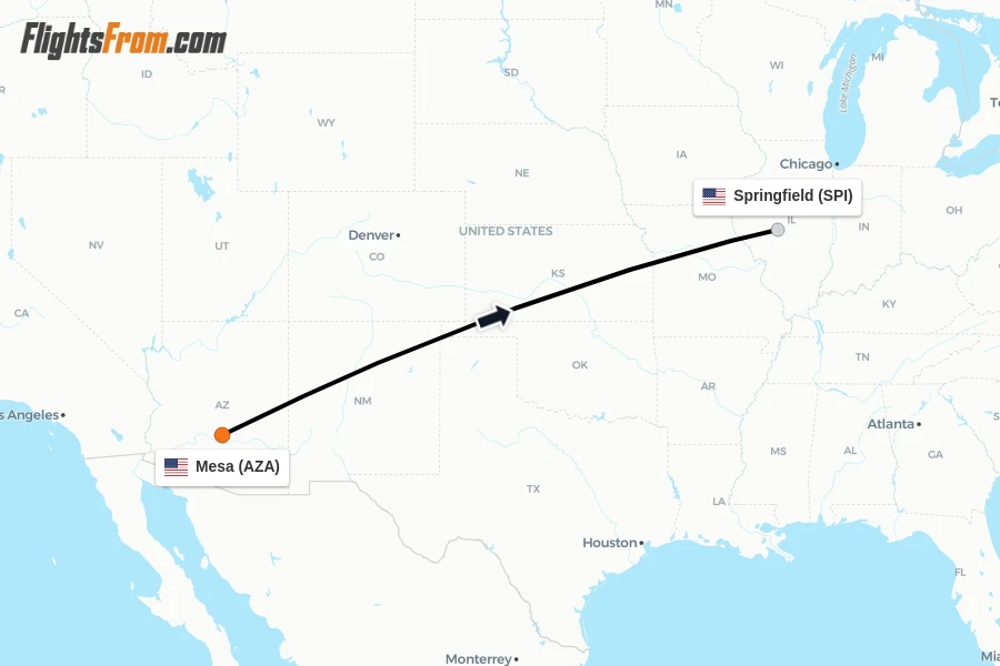 Flights from Mesa to Springfield route map