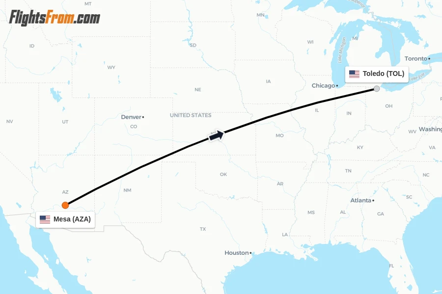 Flights from Mesa to Toledo route map