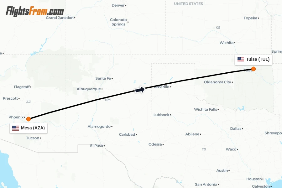 Flights from Mesa to Tulsa route map