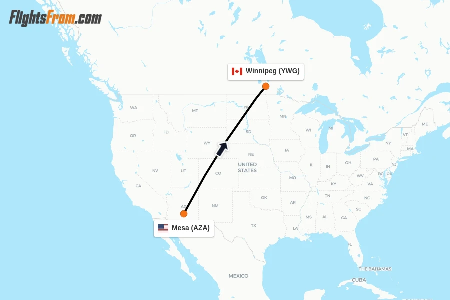 Flights from Mesa to Winnipeg route map