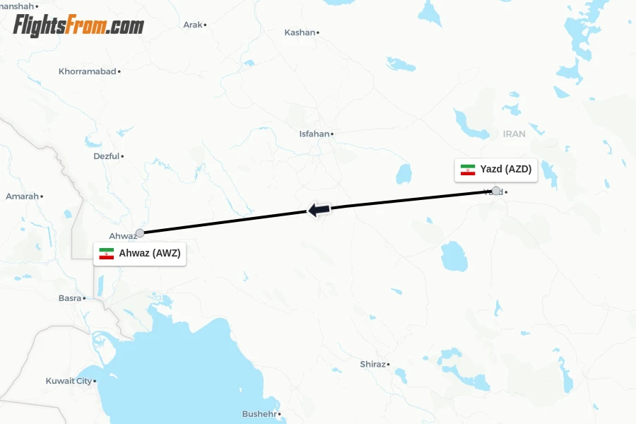 Flights from Yazd to Ahwaz route map