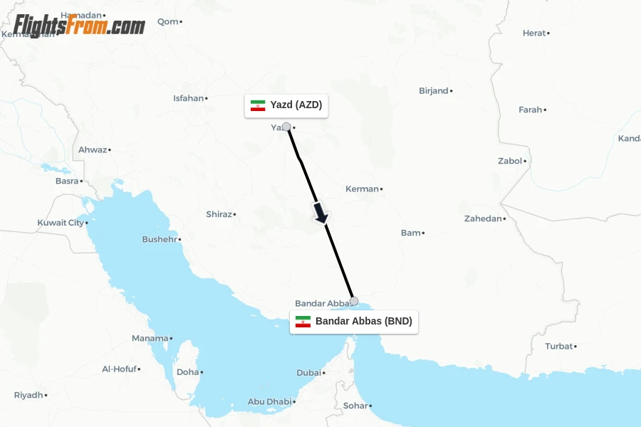 Flights from Yazd to Bandar Abbas route map