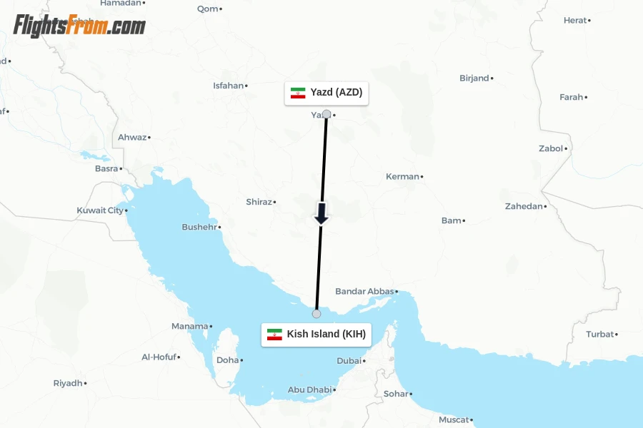 Flights from Yazd to Kish Island route map