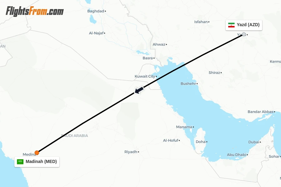 Flights from Yazd to Madinah route map