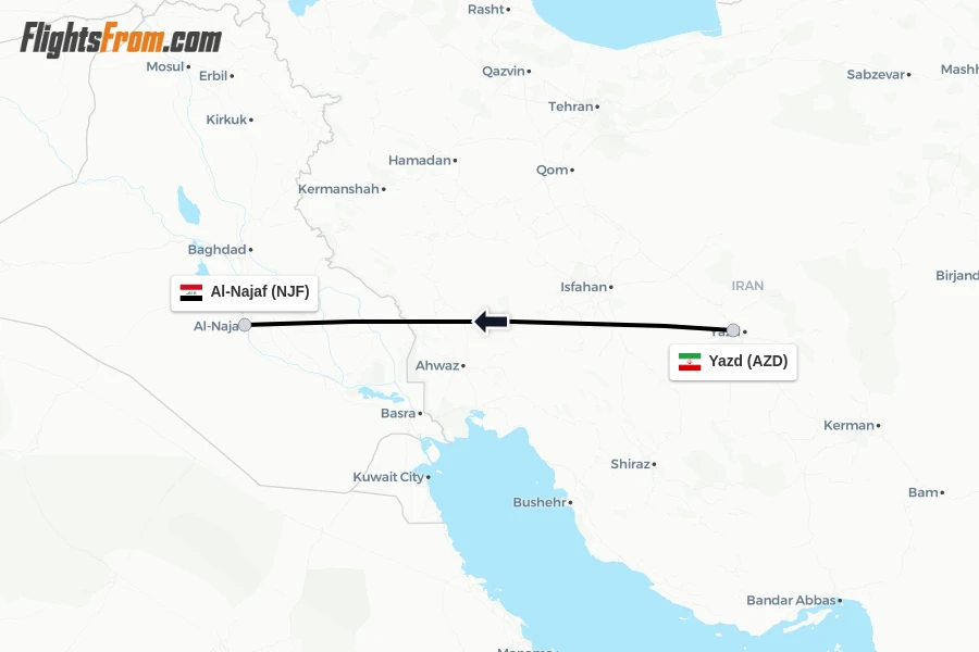 Flights from Yazd to Al-Najaf route map