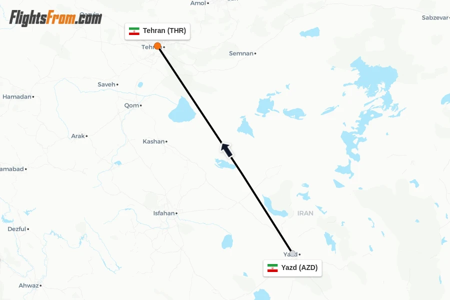 Flights from Yazd to Tehran route map