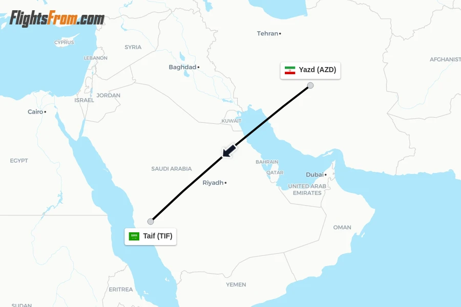 Flights from Yazd to Taif route map