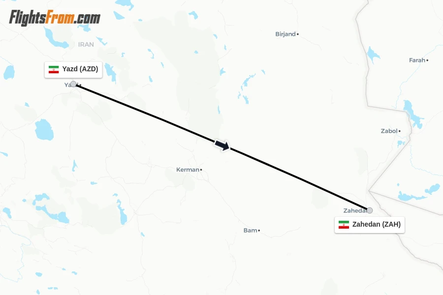 Flights from Yazd to Zahedan route map