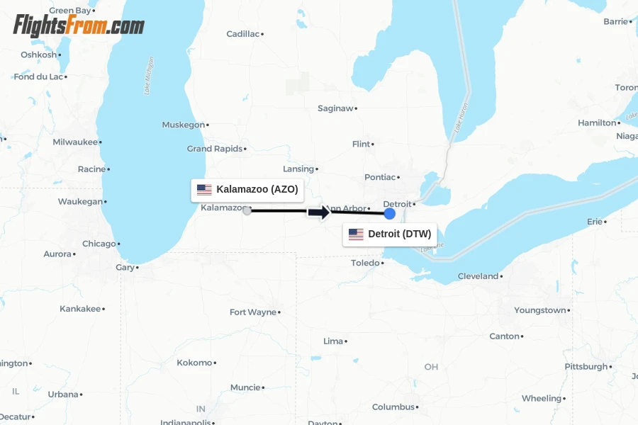 Flights from Kalamazoo to Detroit route map