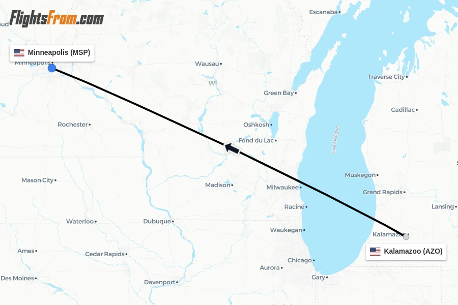Flights from Kalamazoo to Minneapolis route map