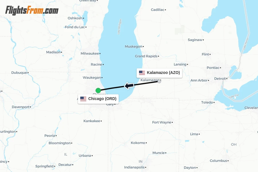 Flights from Kalamazoo to Chicago route map