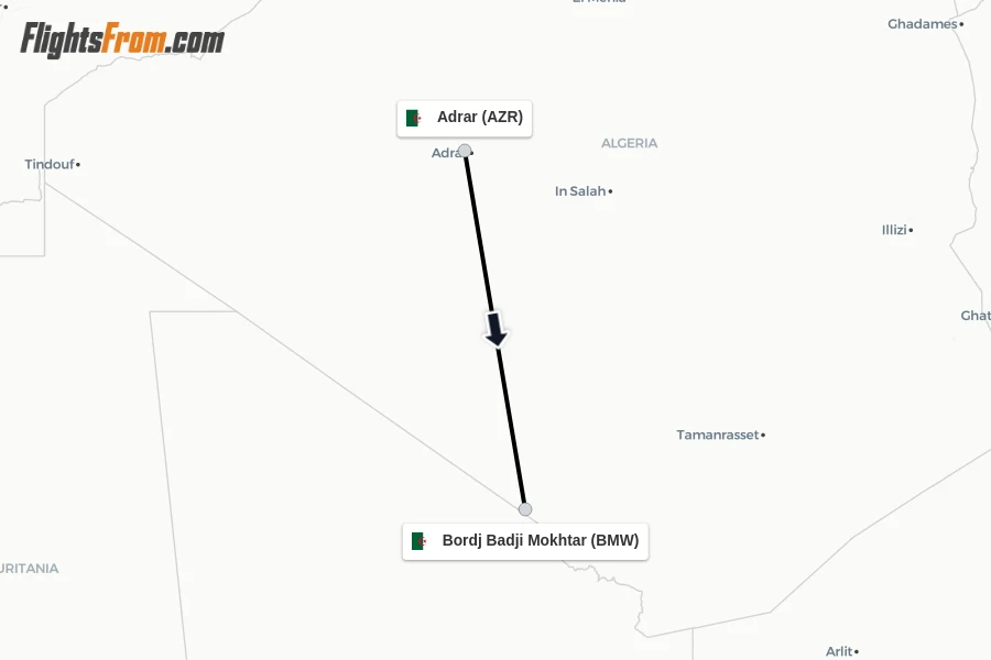 Flights from Adrar to Bordj Badji Mokhtar route map