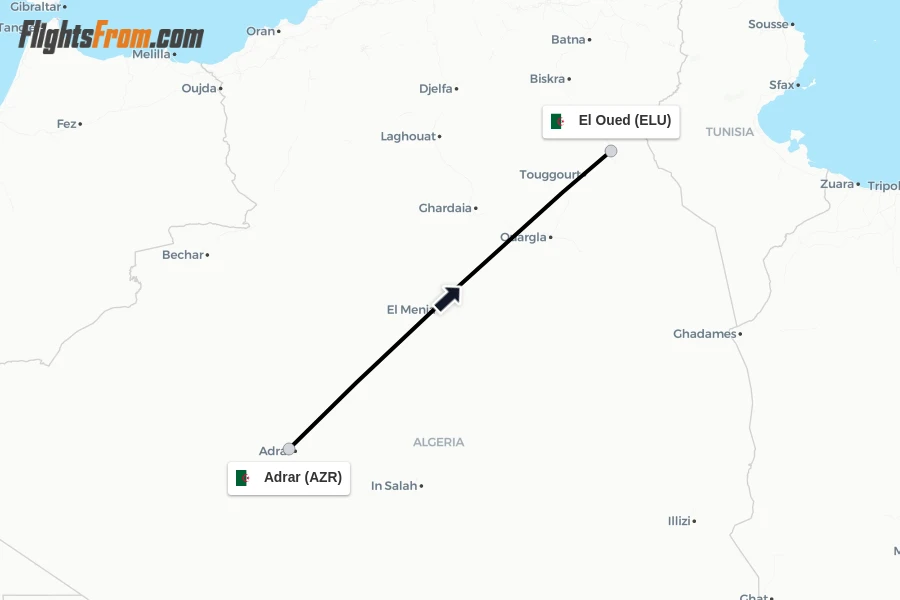 Flights from Adrar to El Oued route map