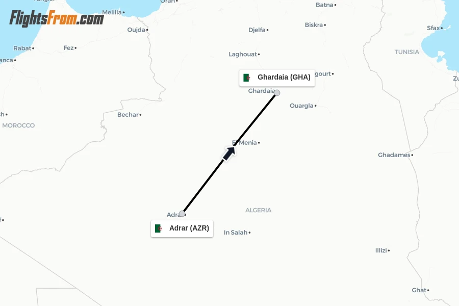 Flights from Adrar to Ghardaia route map