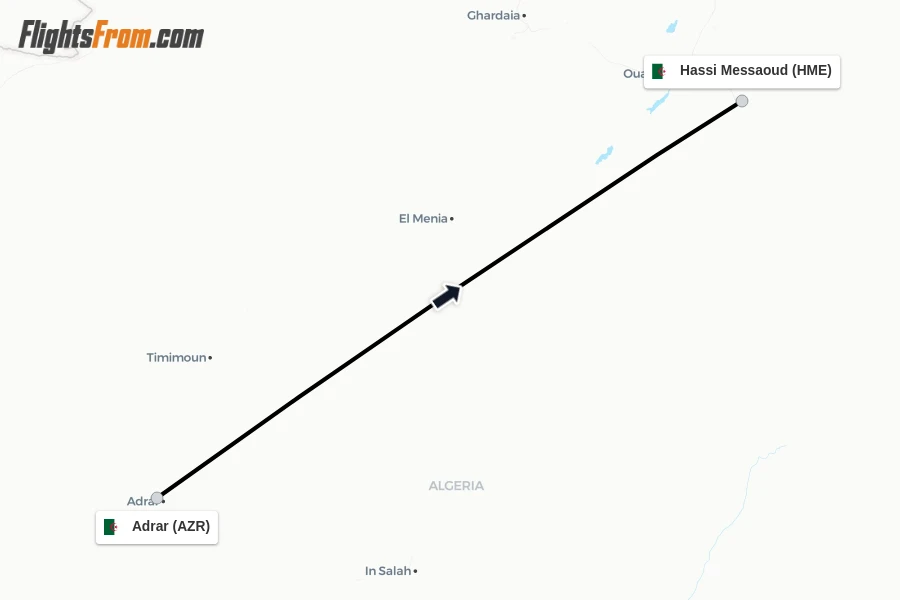 Flights from Adrar to Hassi Messaoud route map