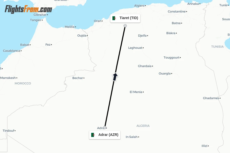 Flights from Adrar to Tiaret route map