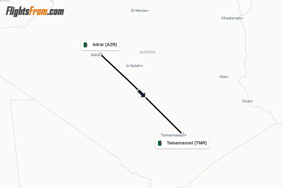 Flights from Adrar to Tamanrasset route map