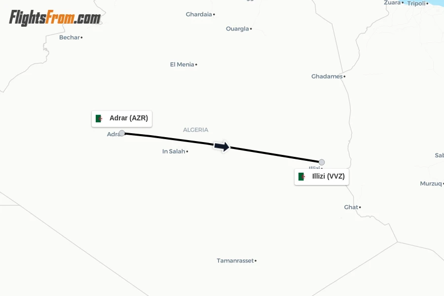 Flights from Adrar to Illizi route map