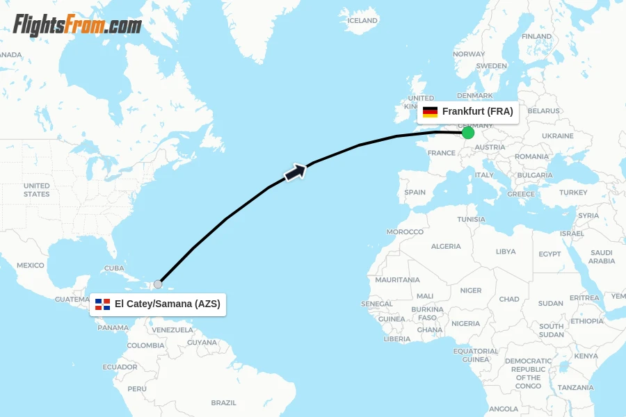 Flights from El Catey/Samana to Frankfurt route map