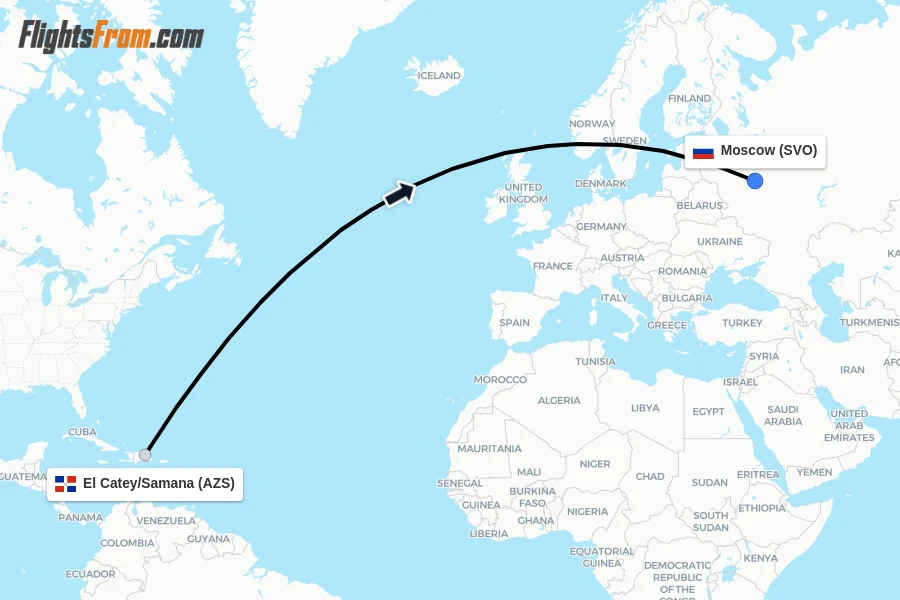 Flights from El Catey/Samana to Moscow route map