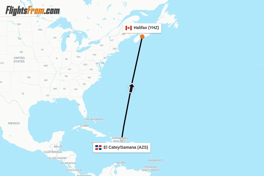 Flights from El Catey/Samana to Halifax route map