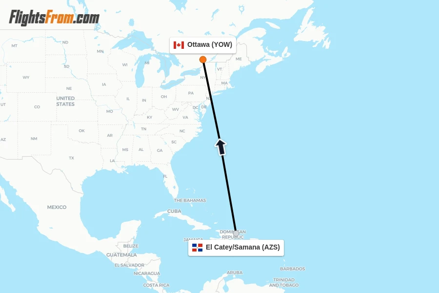 Flights from El Catey/Samana to Ottawa route map