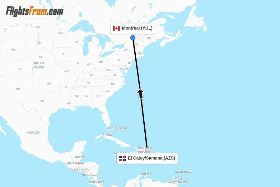 Flights from El Catey/Samana to Montreal route map